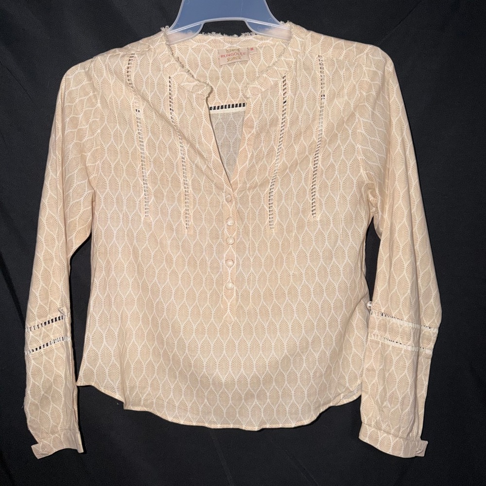 Rungolee Tan Leaf Print Ladder Lace Trim Blouse Raw Edge Long Sleeve Small
